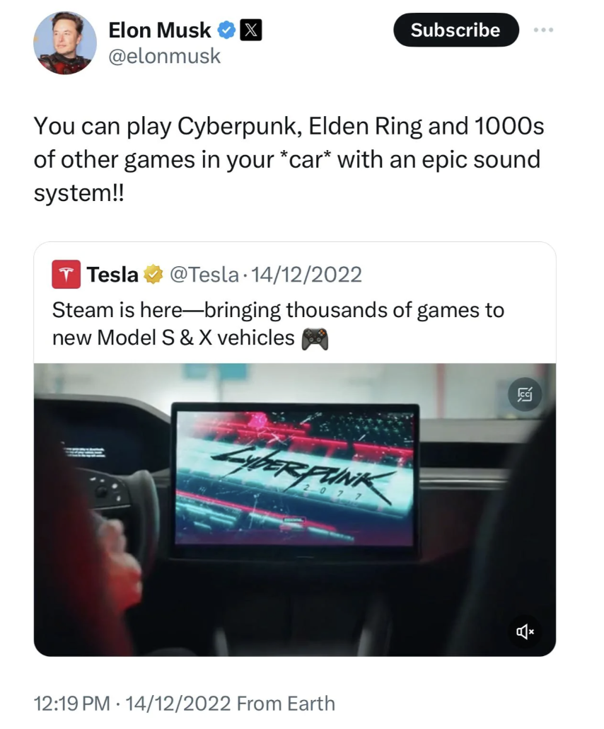 screenshot - Elon Musk Subscribe You can play Cyberpunk, Elden Ring and 1000s of other games in your car with an epic sound system!! Tesla 14122022 Steam is herebringing thousands of games to new Model S & X vehicles Erfunk 14122022 From Earth E